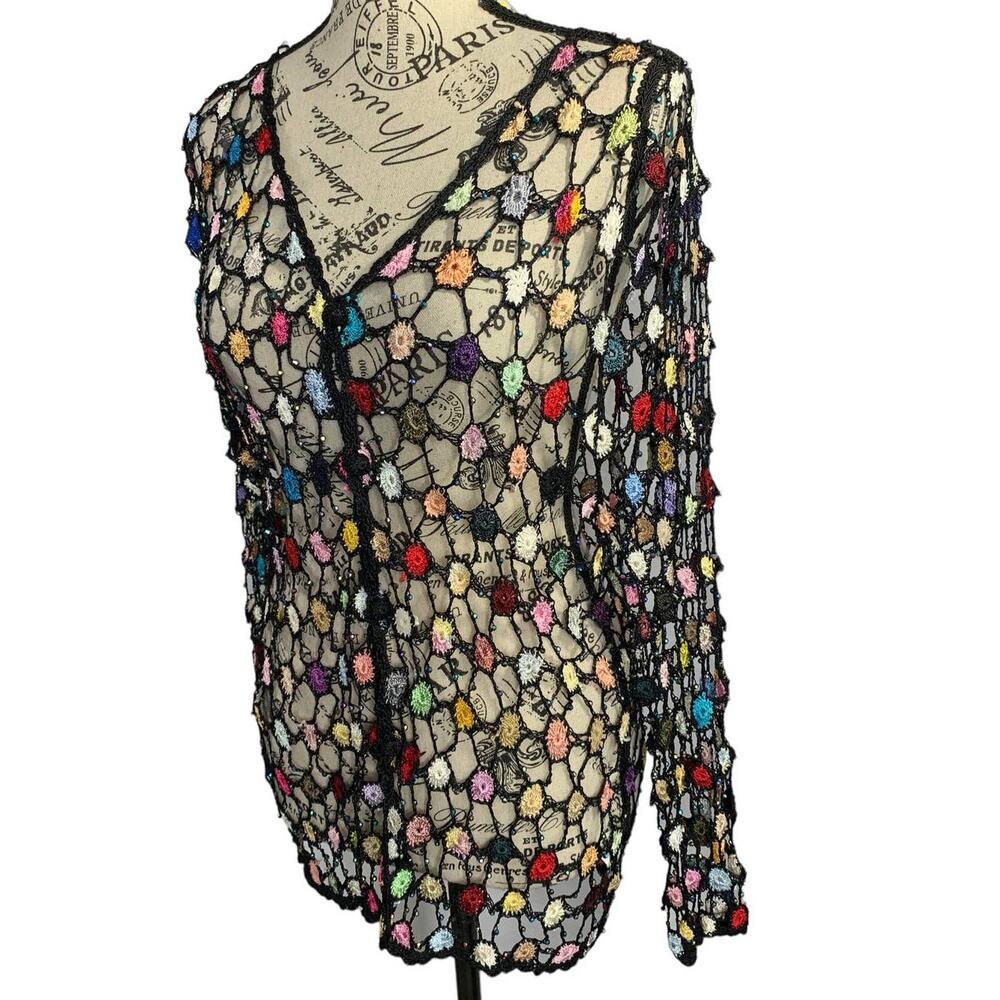 Vintage 90's Beaded Crochet Knit Cardigan Women's M/L Colorful Open Weave Shawl